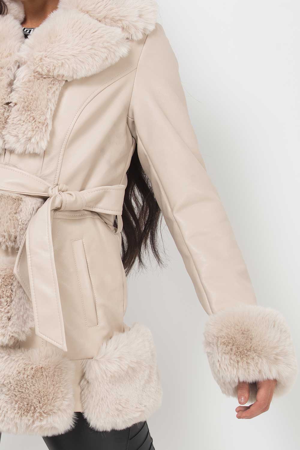 Faux Fur Trim Faux Leather Coat With Belt Beige
