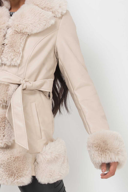 Faux Fur Trim Faux Leather Coat With Belt Beige