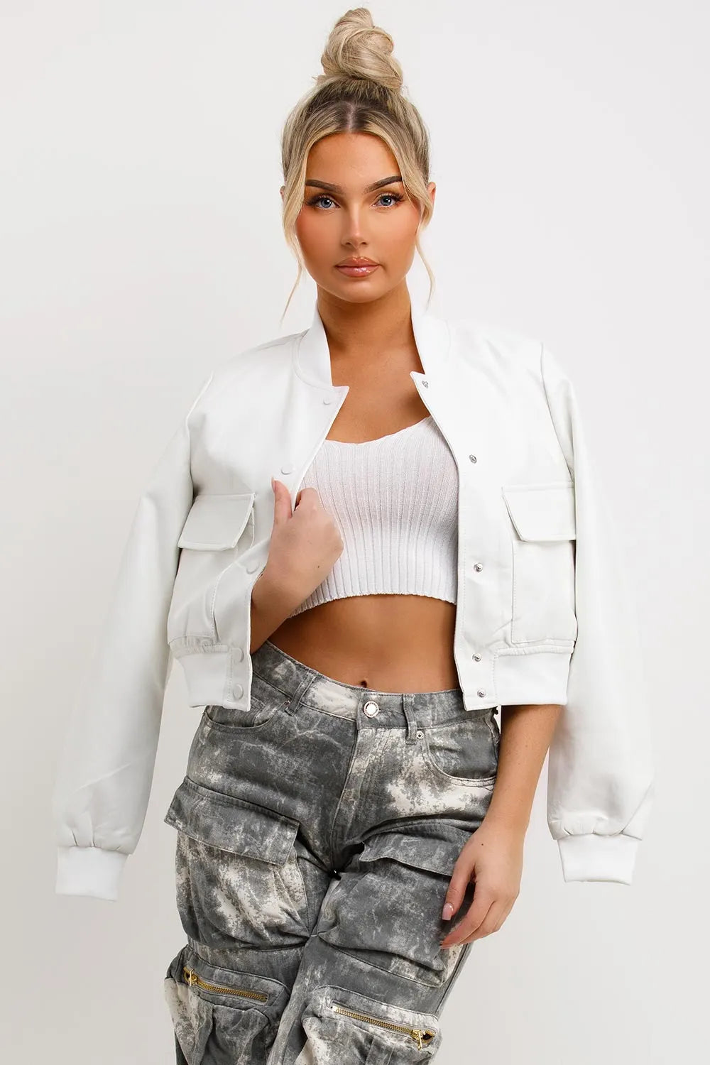 White Faux Leather Bomber Jacket