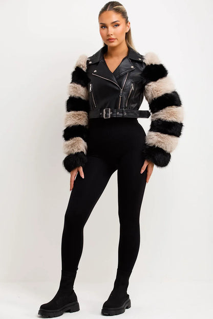 Faux Fur Faux Leather Aviator Jacket Black Contrast