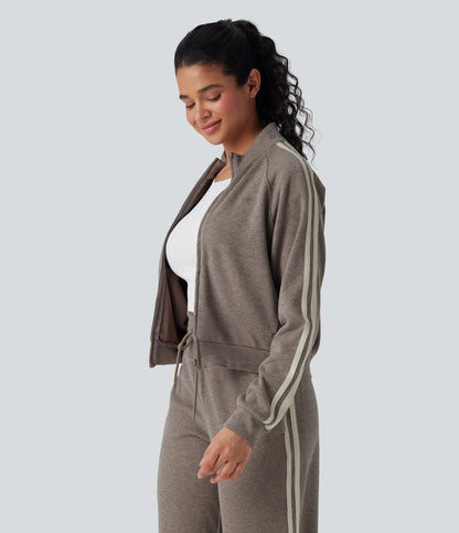 Ribbed Stand Collar Long Sleeve Zipper Color Block Casual Jacket with Pockets