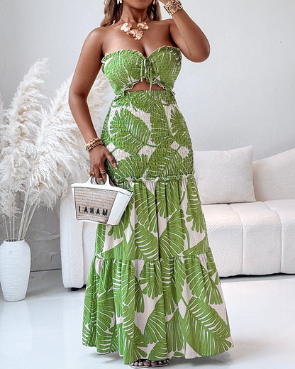Tropical Print Halter Tie Shirred Frill Trim Cinched Waist Vacation Dress Ruched Cutout Front Slim Fit Ruffle Hem Mermaid Dress