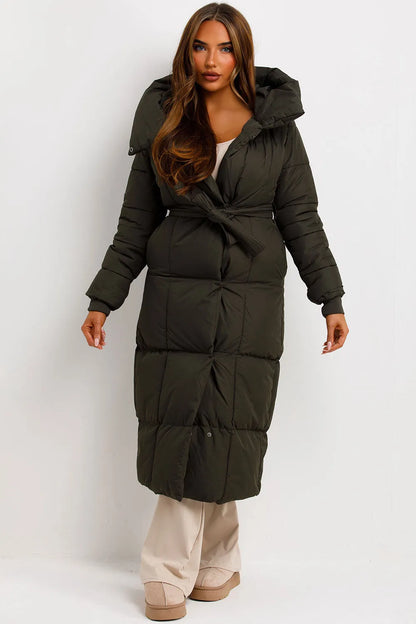 Long Puffer Coat With Hood And Belt Khaki