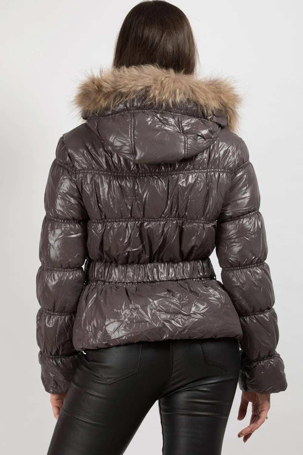 Shiny Puffer Coat With Fur Hood Belted