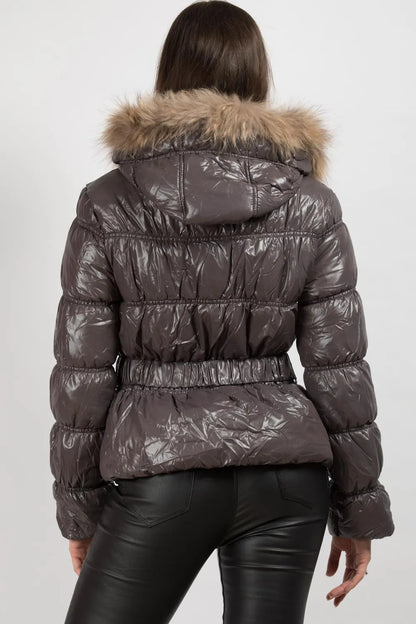 Shiny Puffer Coat With Fur Hood Belted