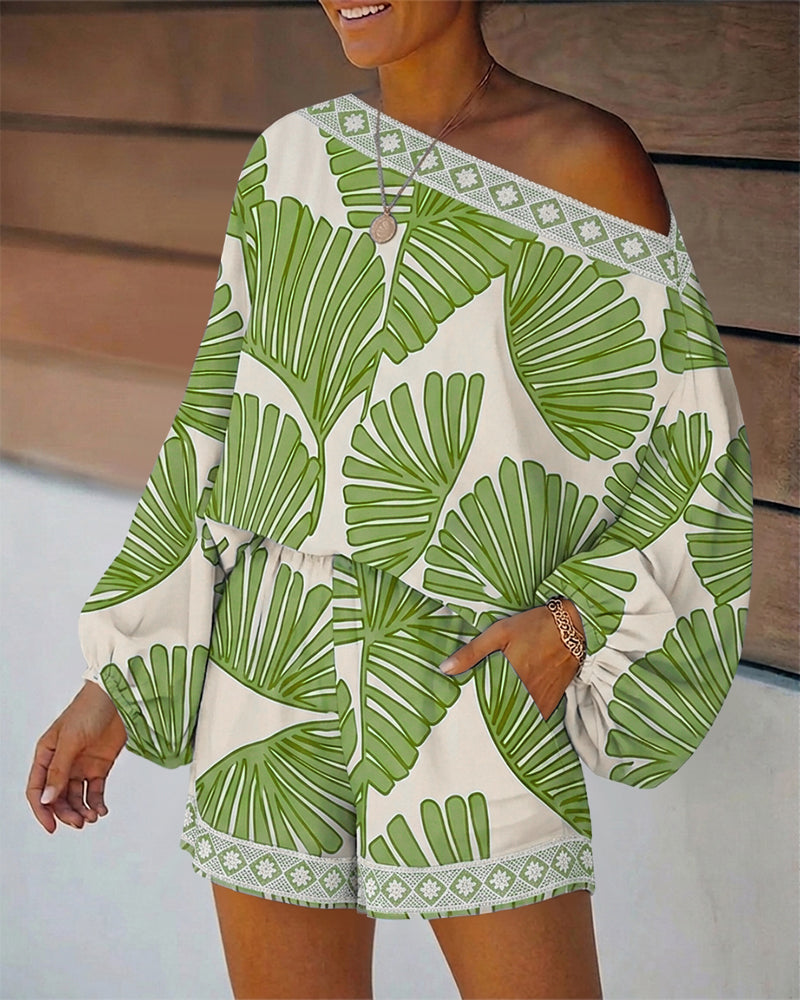 Women's Tropical Leaf Print 2 Piece Set Skew Neck Lantern Sleeve Top and Elastic Waist Shorts with Pockets & Lace