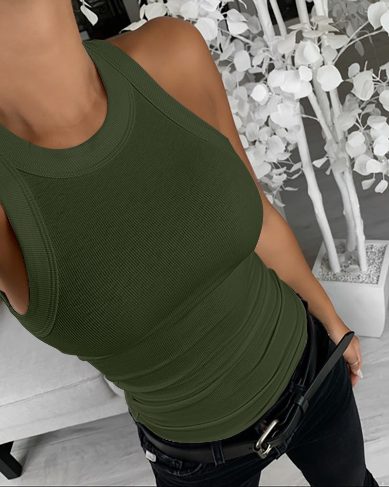 O-Neck Sleeveless Basic Slim Fit Skinny Tank Casual Top(Without Pads)