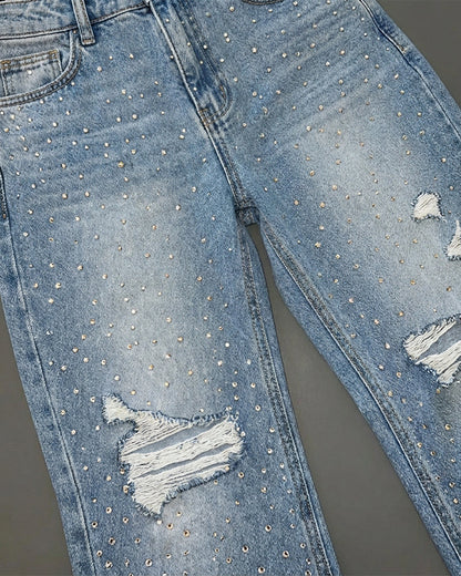 Women's Rhinestone Flare Jeans High Waisted Distressed Ripped Jeans Y2K Retro Streetwear Denim Pants