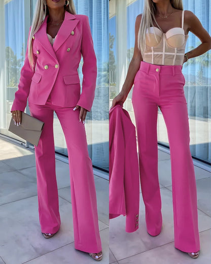 2 Pieces Outfit Notched Collar Double-Breasted Flap Detail Coat and Zipper Fly Elastic Back Waist Slim Fit Flared Pants Set Casual Blazer Set