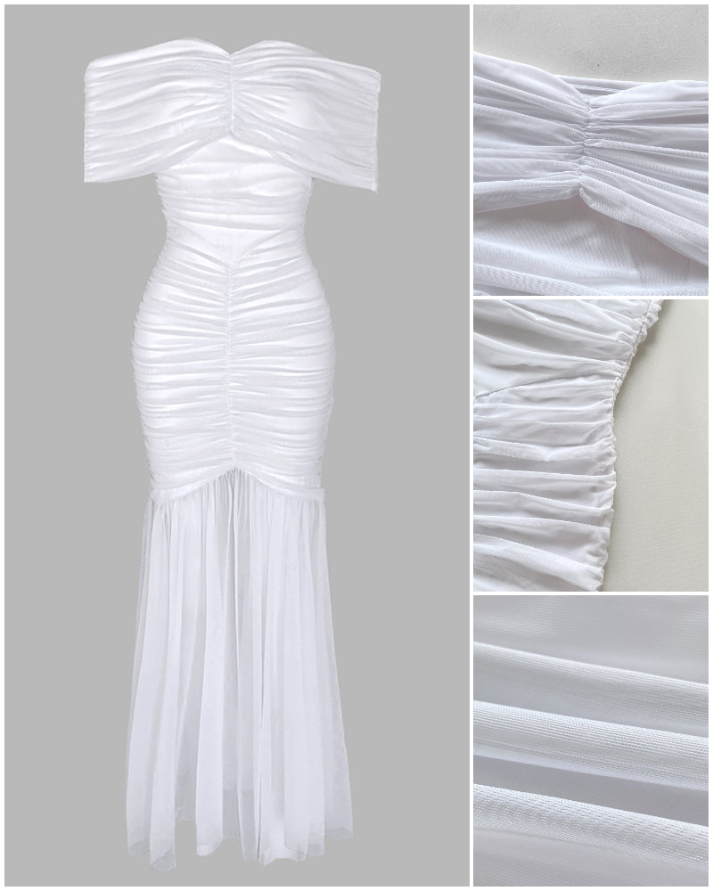 Foldover Off Shoulder Ruched Cinched Waist Minimalist Evening Dress Slim Fit Mermaid Hem Party Dress