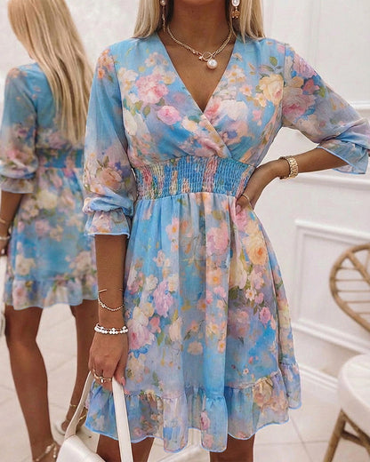 CHICME Women's Watercolor Floral Chiffon Dress Overlap V-Neck Shirred High Waist Vacation Dress A-Line Ruffle Hem Dress