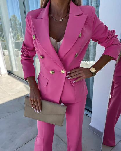 2 Pieces Outfit Notched Collar Double-Breasted Flap Detail Coat and Zipper Fly Elastic Back Waist Slim Fit Flared Pants Set Casual Blazer Set