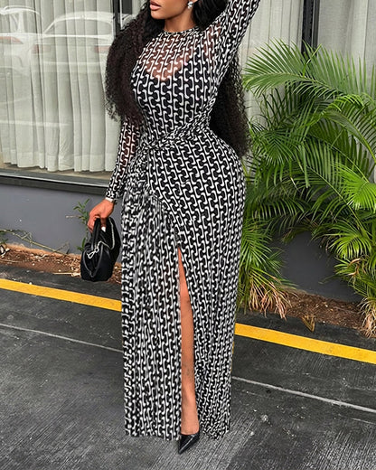 Geometric Print Long Sleeve Waist Tied Detail Maxi Dress Casual Slim Fit Slit Vacation Dress