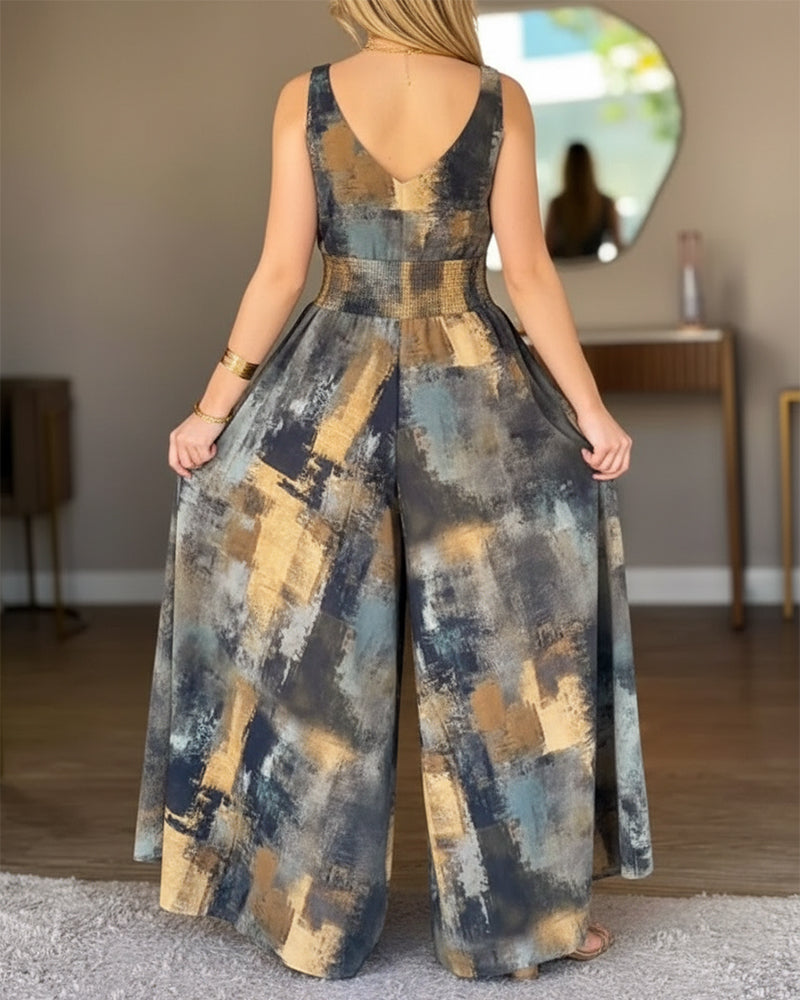 Abstract Oil Painting Print V-Neck Stretchy Thick Straps High Waist Backless Overalls Casual Shirred Waist Cinched Waist Wide Leg Jumpsuit