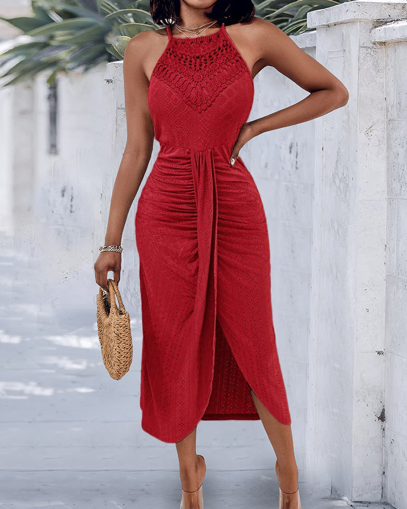 Adjustable Halter Hollow-out Back Ruched Front Slit Dress Guipure Lace Yoke Eyelet Embroidery Vacation Dress