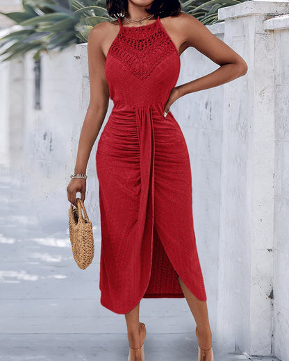 Adjustable Halter Hollow-out Back Ruched Front Slit Dress Guipure Lace Yoke Eyelet Embroidery Vacation Dress