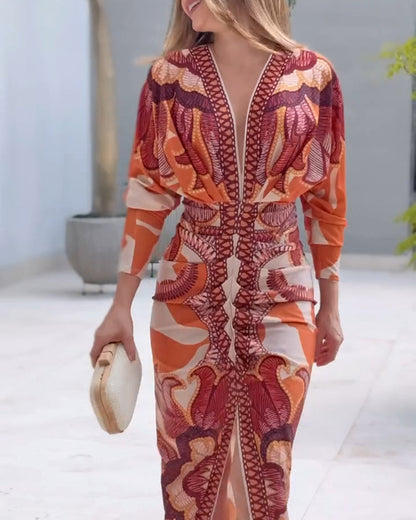 Vintage Baroque Deep V Neck Long Sleeve Slit Bodycon Dress Casual Ruched Slim Fit Vacation Dress