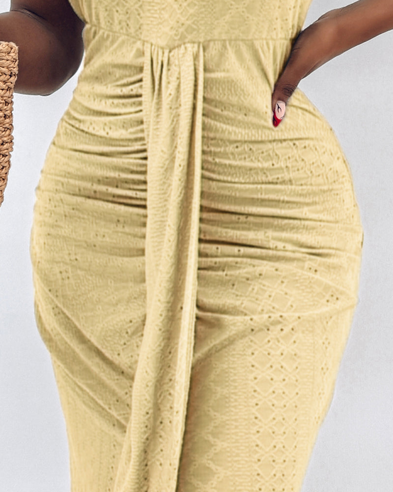 Adjustable Halter Hollow-out Back Ruched Front Slit Dress Guipure Lace Yoke Eyelet Embroidery Vacation Dress