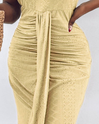 Adjustable Halter Hollow-out Back Ruched Front Slit Dress Guipure Lace Yoke Eyelet Embroidery Vacation Dress