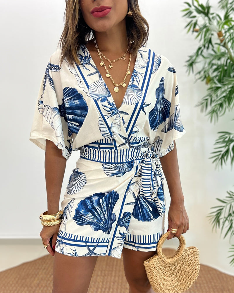 Starfish & Seashell Print Overlap V Neck Half Sleeve Wrap Knot Side Romper Casual Stretchy Back Waist Vacation Romper