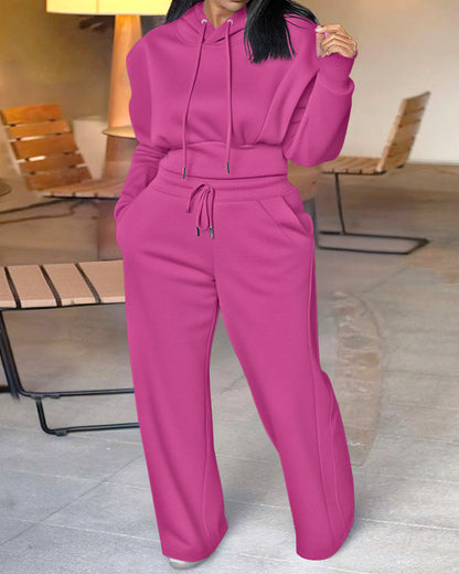 2 Pieces Outfit Long Sleeve Crop Drawstring Hoodie Sweatshirt With Thumb Hole Cuffs And Casual Drawstring Elastic Waist Wide Leg Sweatpants Set