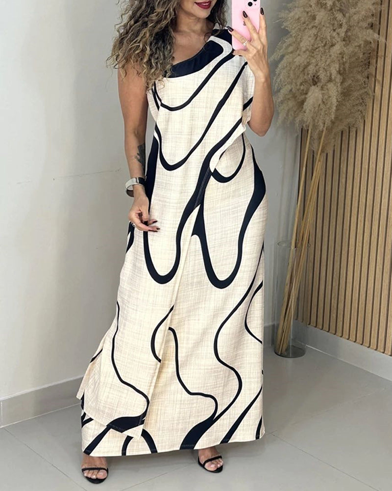 Abstract Print One Shoulder Bodycon Maxi Dress Casual Faux Two Piece Slit Dress