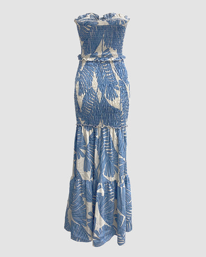 Tropical Print Halter Tie Shirred Frill Trim Cinched Waist Vacation Dress Ruched Cutout Front Slim Fit Ruffle Hem Mermaid Dress