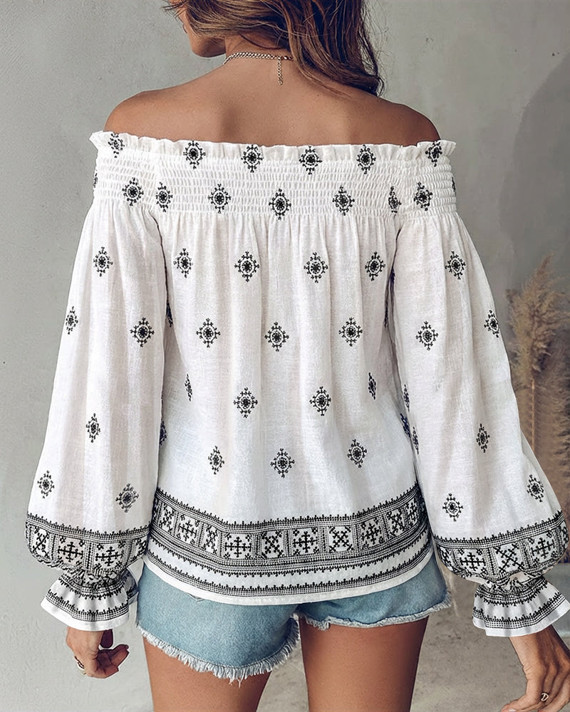 Vintage Tribal Placement Print Shirred Off Shoulder Flared Cuffs Blouse Casual Frill Trim Boho Top