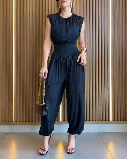Padded Shoulders Sleeveless Cinched Waist Side High Slit Overalls Casual Hollow-out Back Ruched Jumpsuit