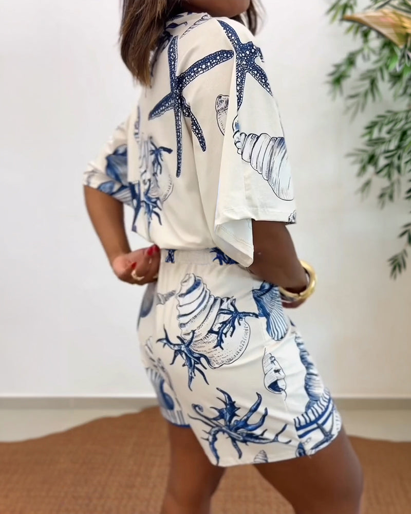 Starfish & Seashell Print Overlap V Neck Half Sleeve Wrap Knot Side Romper Casual Stretchy Back Waist Vacation Romper
