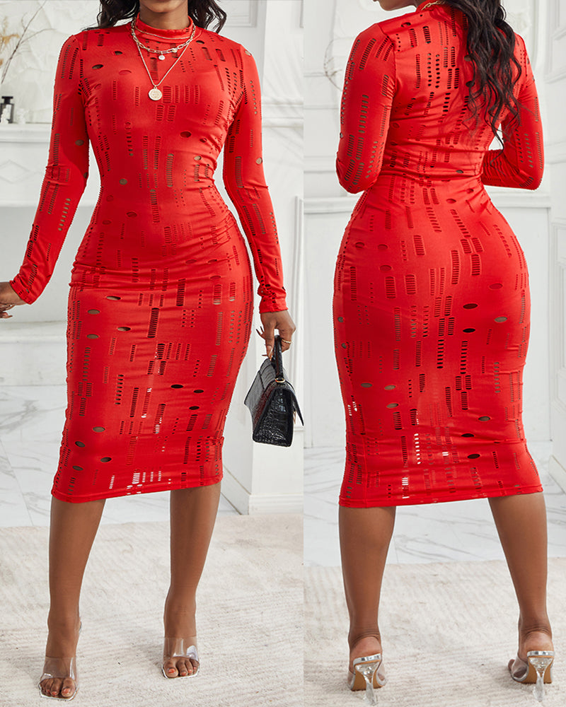 Mock Neck Long Sleeve Hollow Out Bodycon Dress Sexy Party Dress
