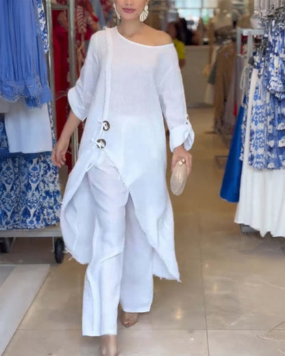 2 Pieces Outfit Button Decor One Shoulder Turn-Up Sleeves Slit Raw Edges Top and Casual Drawstring Elastic Waist Wide Leg Pants Set