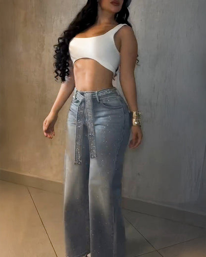 Allover Rhinestone Decor High Waist Zipper Fly Jeans Casual Flared Denim Pants with Rhinestone Decor Belt