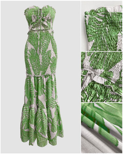 Tropical Print Halter Tie Shirred Frill Trim Cinched Waist Vacation Dress Ruched Cutout Front Slim Fit Ruffle Hem Mermaid Dress