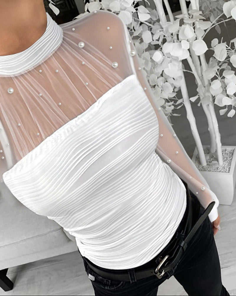 Pearls Decor Mock Neck Sheer Mesh Spliced Ruched Tee Hollow-out Back Slim Fit Textured Top