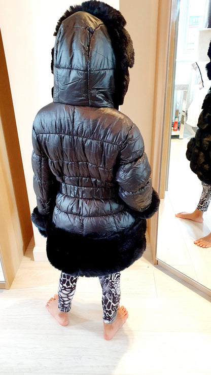 Tilly Kids Black Faux Fur Padded Puffer Belt Detail Hooded Coat