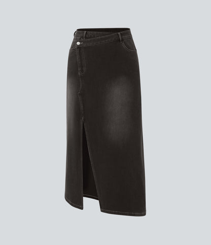 FlexTM Asymmetric Mid Rise Denim Maxi Casual Skirt with Pockets