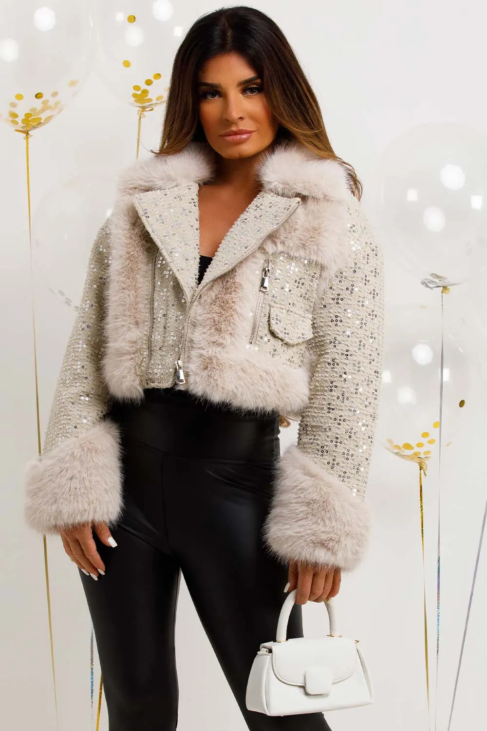 Crop Faux Fur Coat With Sequin Embellishment Beige