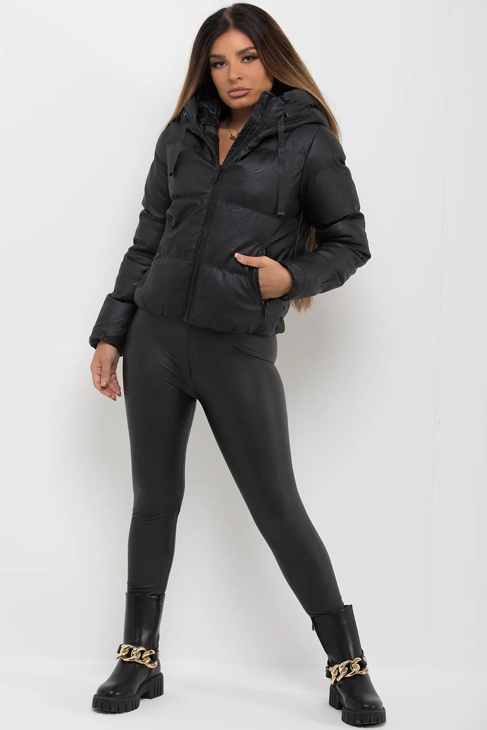 Faux Leather Puffer Jacket With Hood Black