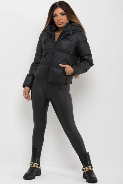 Faux Leather Puffer Jacket With Hood Black