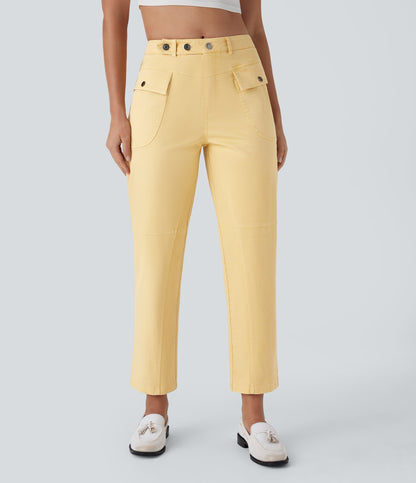 Mid Rise Straight Leg Cargo Casual Cotton Pants with Pockets