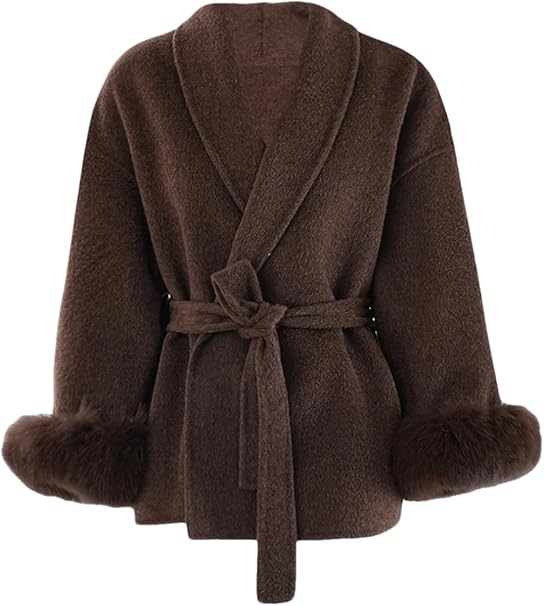 Women's Elegant Solid Color Waist Tie Fuzzy Cuff Wrap Coat, Premium Plush Long Sleeve Thermal Coat, Outerwear Jacket for Fall & Winter(CN/US)