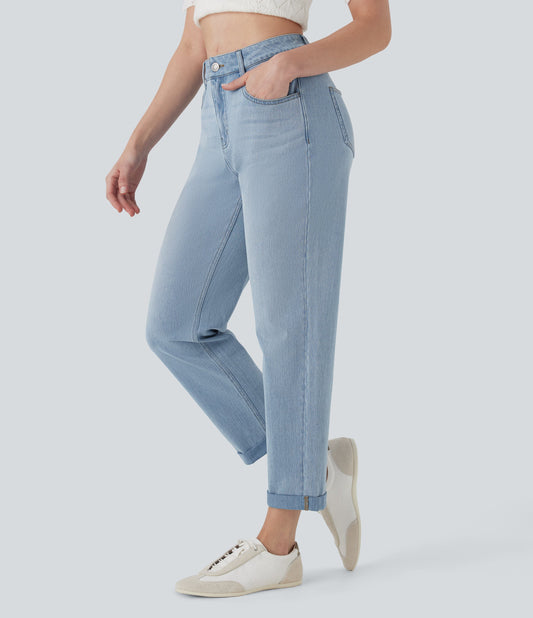 FlexTM Mid Rise Straight Leg Washed Casual Jeans with Pockets