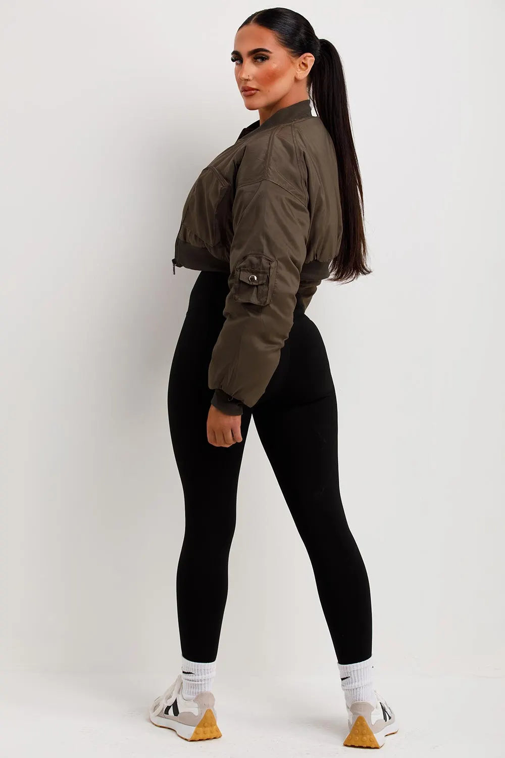 Crop Bomber Jacket With Pockets Khaki