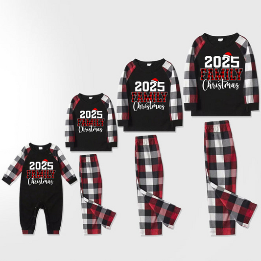 "2025 FNMILY Christmas " White and Red Text Printed Pattern - Black Top with Red&Black&White Plaid Sleeves - Family Matching Pajamas