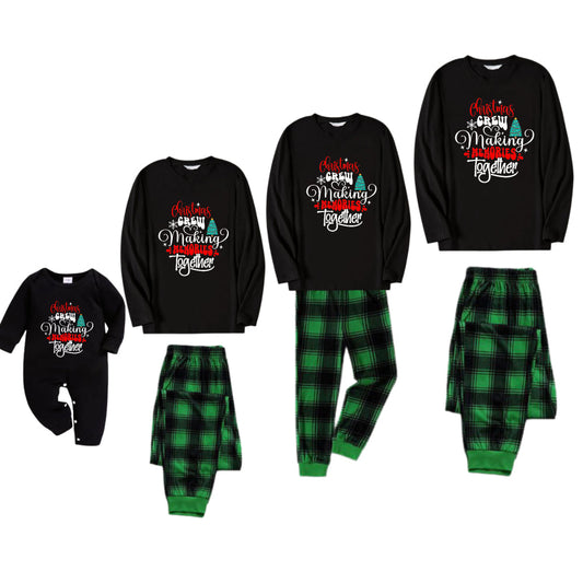 Christmas Family Matching Pajamas-Black Top and Green Plaid Pants Pjs Set with "Christmas Crew Making Memories Together" Artistic Font Print