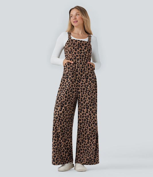 Leopard Print Waffle Casual Overalls with Pockets