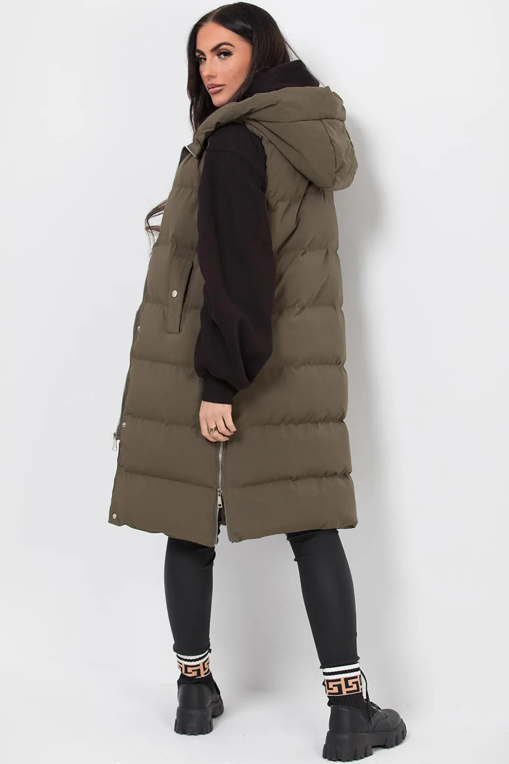 Longline Hooded Gilet Khaki