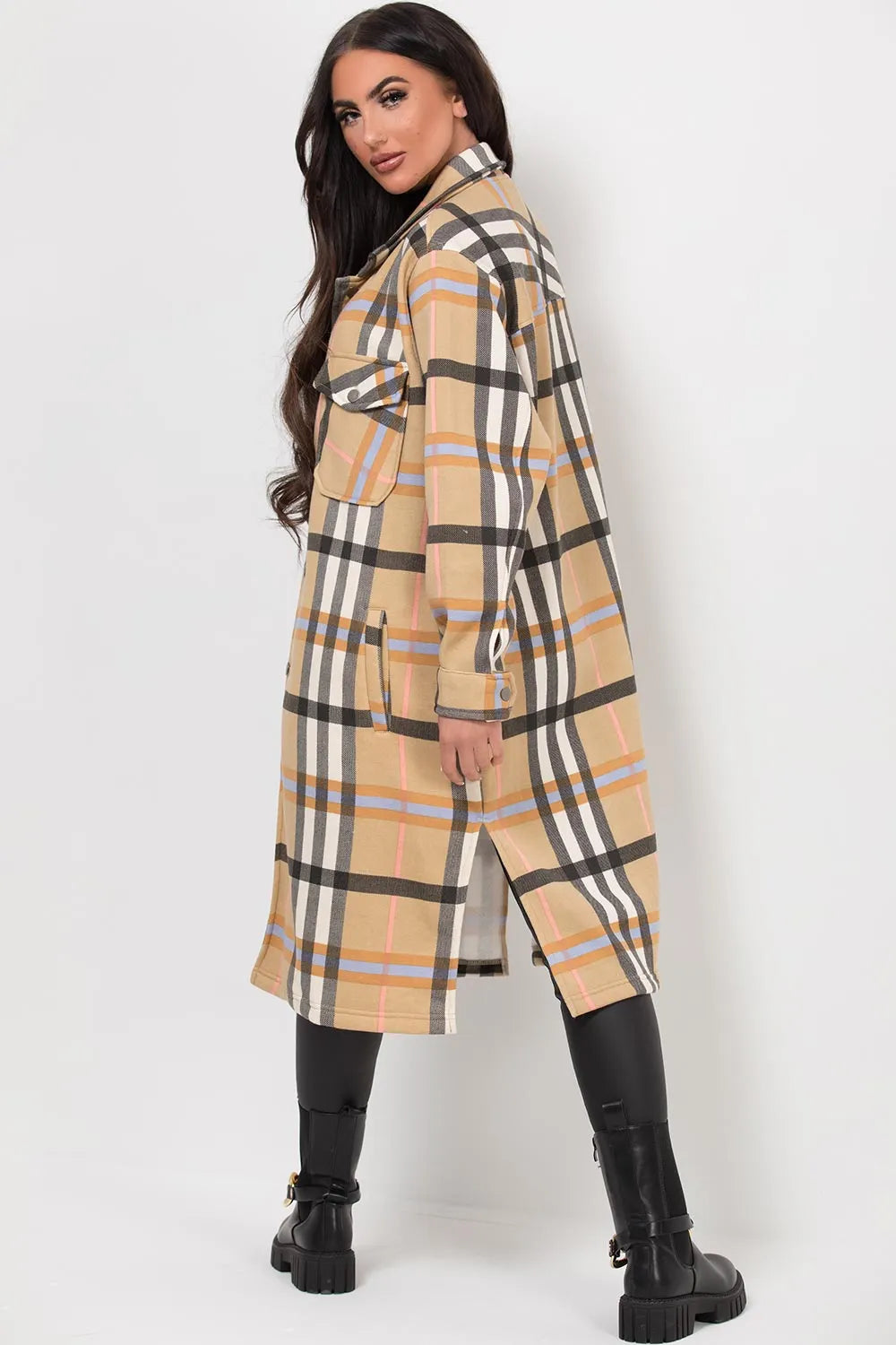 Long Check Shacket Camel