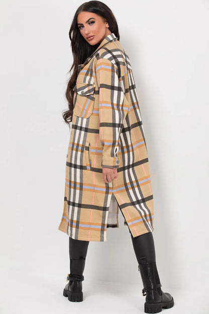 Long Check Shacket Camel